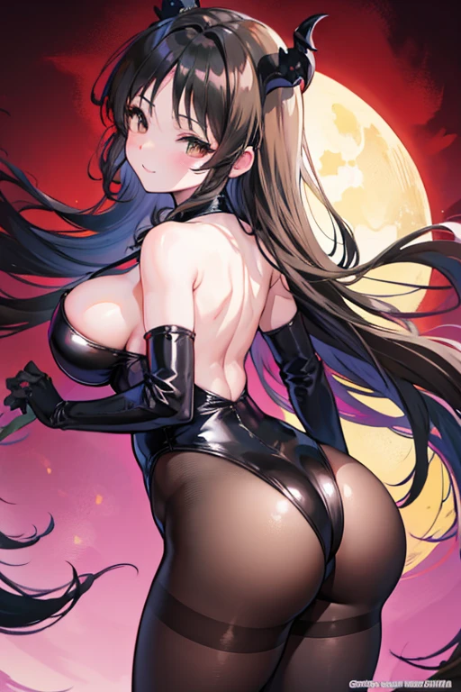 Draw the face carefully　anime style face　big breasts　big ass　plump thighs　black leotard　black pantyhose　smile　Succubus　Rear view