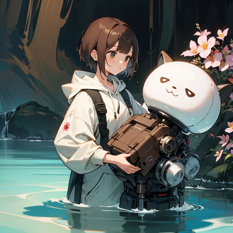 girl、brown hair、short hair、hoodie、mechanical、flower、water