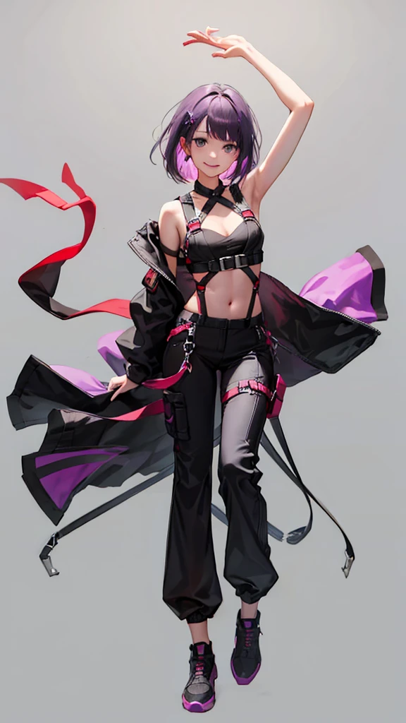 purple hair girl,medium hair,Harness,pants,simple background,smile,Arms down,whole body,full body,full body,arm to the side,Standing picture,vtuber,front,from front,Viewer's perspective,視線をfrontに,
