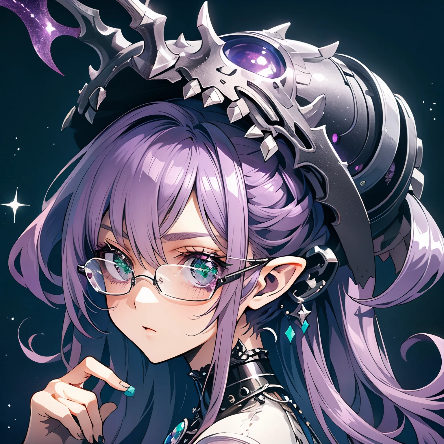 (((purple, Silver, sparkling)), goblin), Limited palette, contrast, amazing aesthetics, highest quality, gorgeous artwork, Glasses, green eyes, pink hair