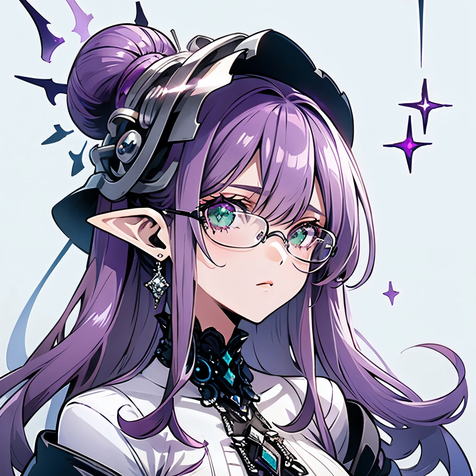 (((purple, Silver, sparkling)), goblin), Limited palette, contrast, amazing aesthetics, highest quality, gorgeous artwork, Glasses, green eyes, pink hair