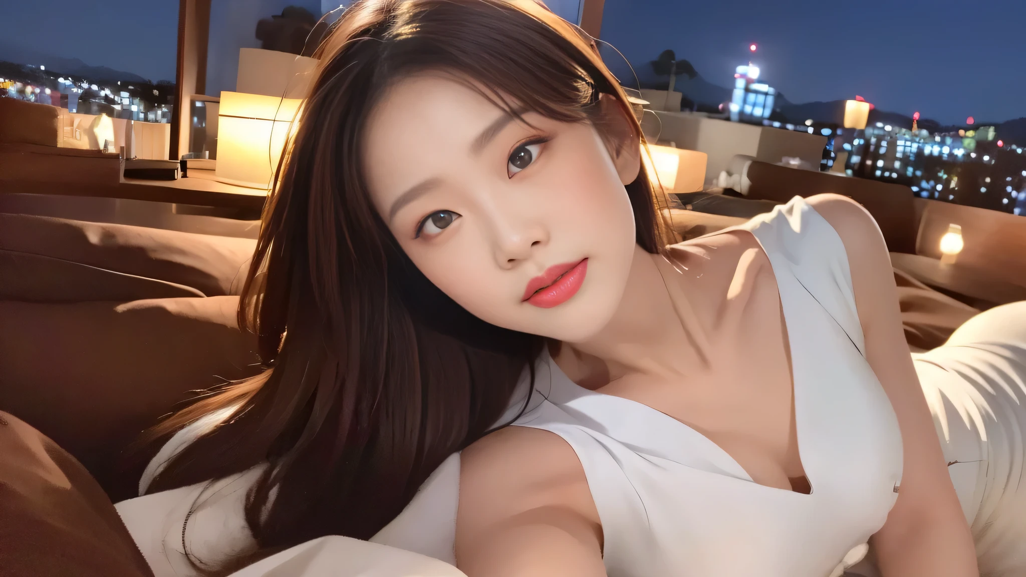 ((realistic lighting, highest quality, 8k, masterpiece: 1.3)), concentrated: 1.2, 1 girl, perfect figure: 1.4, slim abs: 1.1, ((dark brown hair)), (white dress: 1.4), (outdoors, night: 1.1), cityscape, super detailed face, fine eyes, double eyelid,