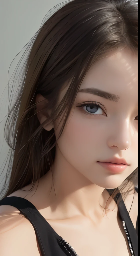 (masterpiece、highest quality、photorealistic、High resolution、photograph、:1.3)、very close up shot、sharp focus、one brunette girl、european girl、hot models、Highly detailed eyes and pupils、real skin、slim body shape、cleavage、highly detailed hair、delicate sexy face、sensual gaze、glossy lips、((Wearing a zip tank top sweatshirt))、((real、超real、realism、realなディテール)、gray background