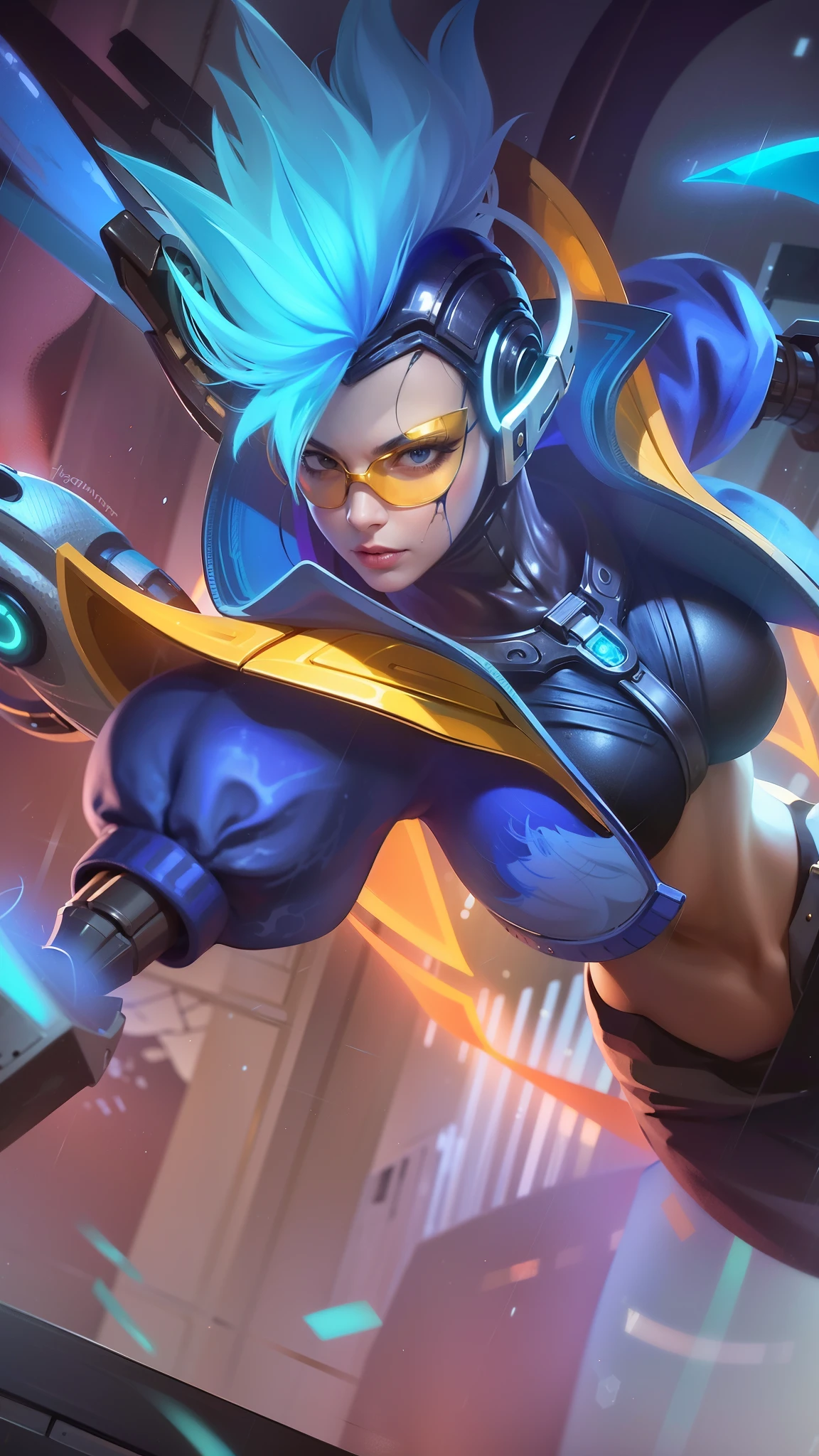 a close up of a woman with a sword and a helmet, 8k, ultra hd, ultra detailed texture, hyper realistic, masterpiece, detailed texture, detailed face, detailed skin, detailed lighting, (photorealistic:1.5), best quality, beautiful lighting, cinematic lighting, professional lighting, ultra highres, realistic, detailed hair, real hair, high quality, (realskin:1.5), extremely detailed, finely detail, ultra-detailed, blue hair.