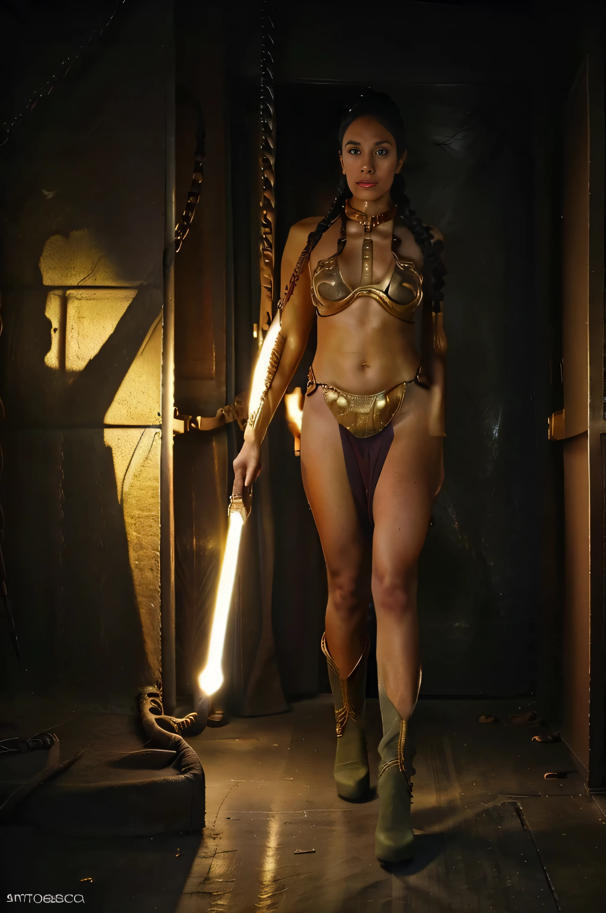 Create the most beautiful image of a 26 year old girl, medium tits, leia hairstyle, sobhita Dhulipala, indian girl
standing, slave, full body shot, golden knee-high heeled pointy-toe boots, collar, metal collar with a chain, golden chain, hyper detail, 8K, HD, octane rendering, professional photography. HDR. Professional lighting, full body.,CONCEPT_princess_leia_gold_bikini_ownwaifu,www.ownwaifu.com,shobitad,photorealistic, creepy durk dungeon, slave, bdsm,leashing_pov,leashed,hands bound together with rope, harness, tied up, bondage, hostage