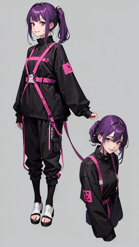 purple hair girl,medium hair,Harness,pants,simple background,smile,Arms down,whole body,full body,full body,arm to the side,Standing picture,vtuber,front,from front,Viewer's perspective,視線をfrontに,