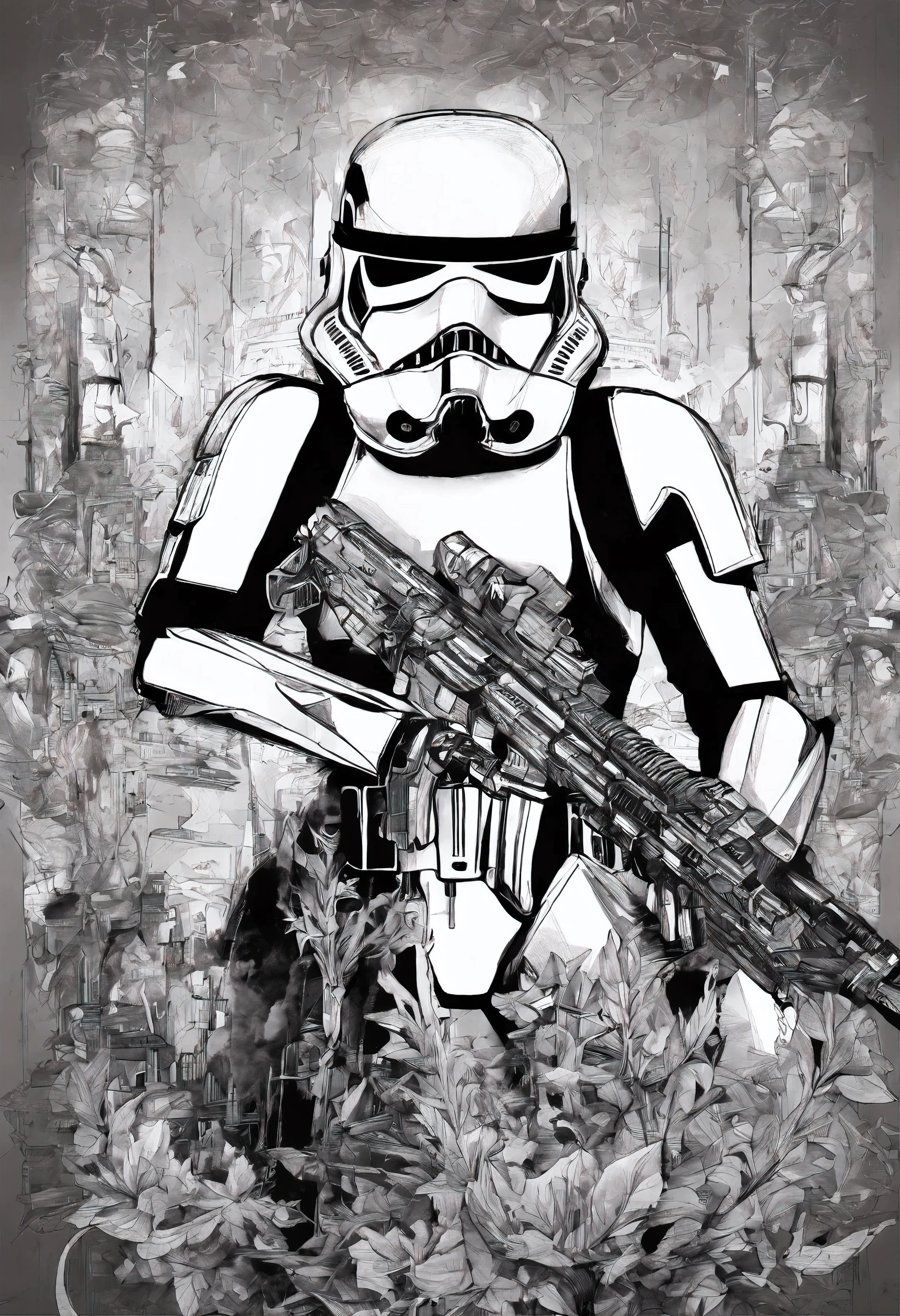 El dibujo de tinta Stormtroopers, Digital illustration, Comic strip style, acuarela, Estilo ArtStation, arte conceptual, 2 d illustration, por Peter Draw, por Carne Griffiths, por Wadim Kashin, cuerpo completo, centrado,detallado, Suave, dynamic pose