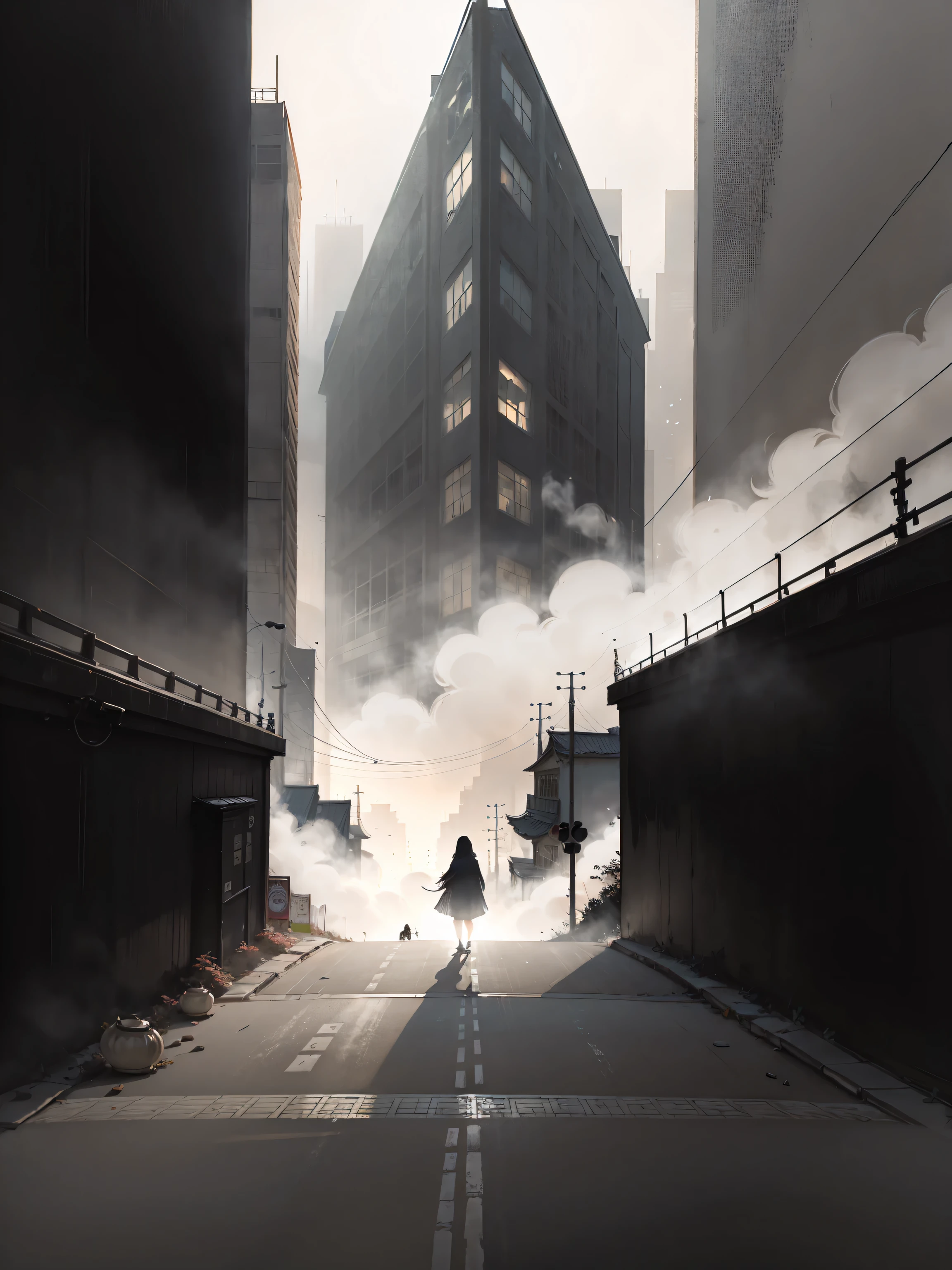 black and white photography，Minimalist photography，Heavy fog，（Heavy fog：1.5），A street，Blurred outlines of city buildings on both sides，A woman in black clothes，（Black clothes：1.5）Walking in the street，Oriental pearl in background，looming，ultra high definition，8k，