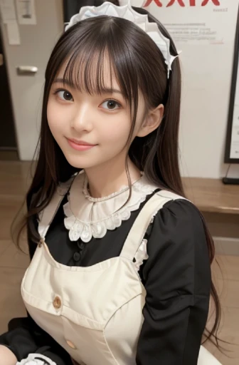 best quality, detailed, beautiful, insanely detailed, absurdres,perfect anatomy,
Japanese woman,black hair,27 years old,
(slender),
(small breasts),
maid, cheerful grin, walking, bun hair, maid, in the cafe, front view, gigantic scale