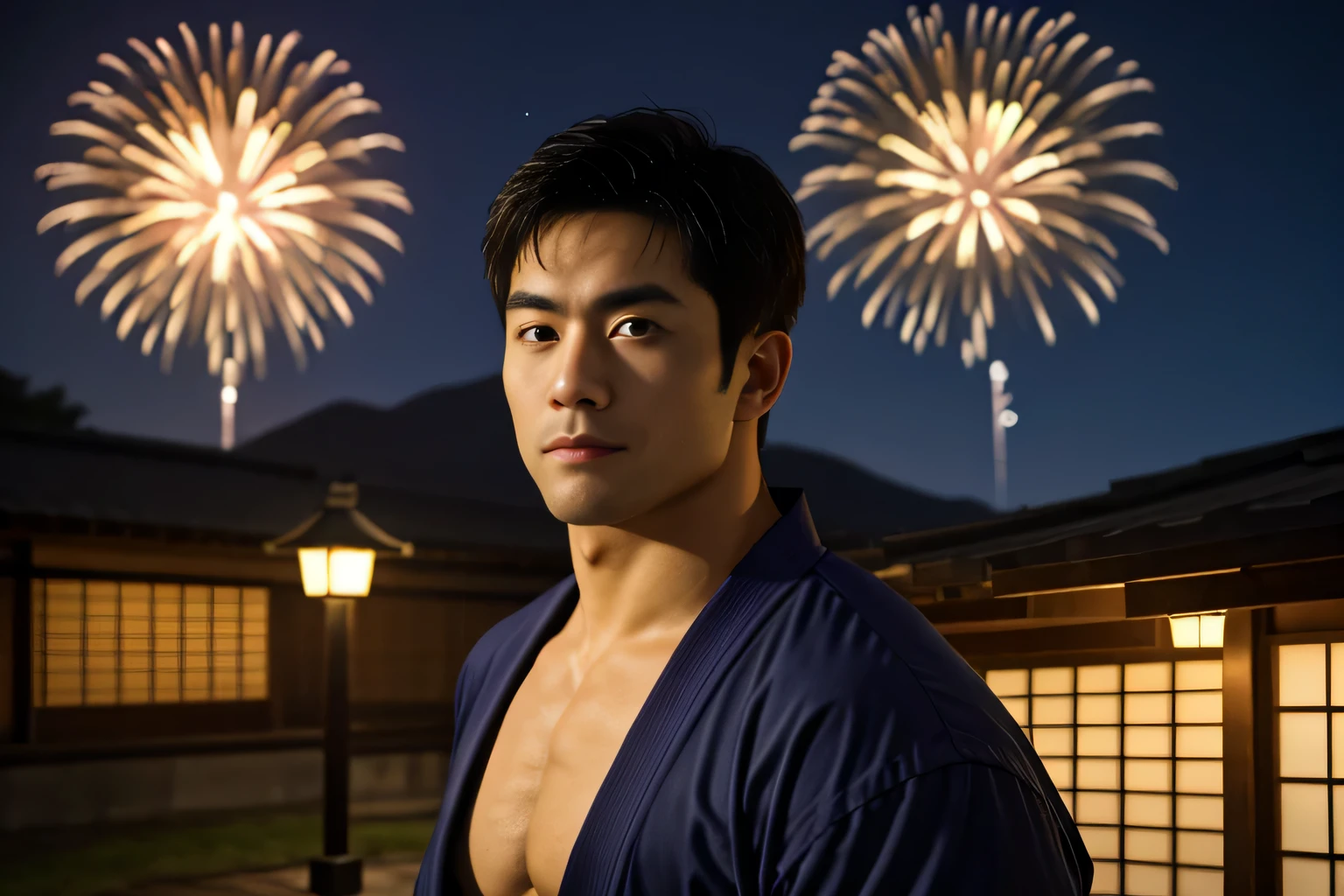 cowboy shot, bulgeJ8, portrait of TakumaKarate on the street at night, (smirk:0.8), open male kimono attire revealing his pectorals and abs, (large bulge) on his kimono pants, (looking at viewer:1.3), traditional japanese houses, festive decorations, (lanterns:0.8), night sky, (fireworks:1.05), rural,
(masterpiece), top quality, best quality, photorealistic, hyperrealism, (absurdres), sharp focus, subsurface scattering, intricate details, high quality, ultra high res, 8k, UHD, HDR, DSLR shot, 35mm, professional photography, RAW
