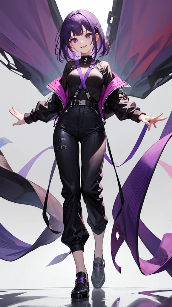 purple hair girl,medium hair,Harness,pants,simple background,smile,whole body,full body,full body,Standing picture,vtuber,front,from front,Viewer&#39;s perspective,視線をfrontに,