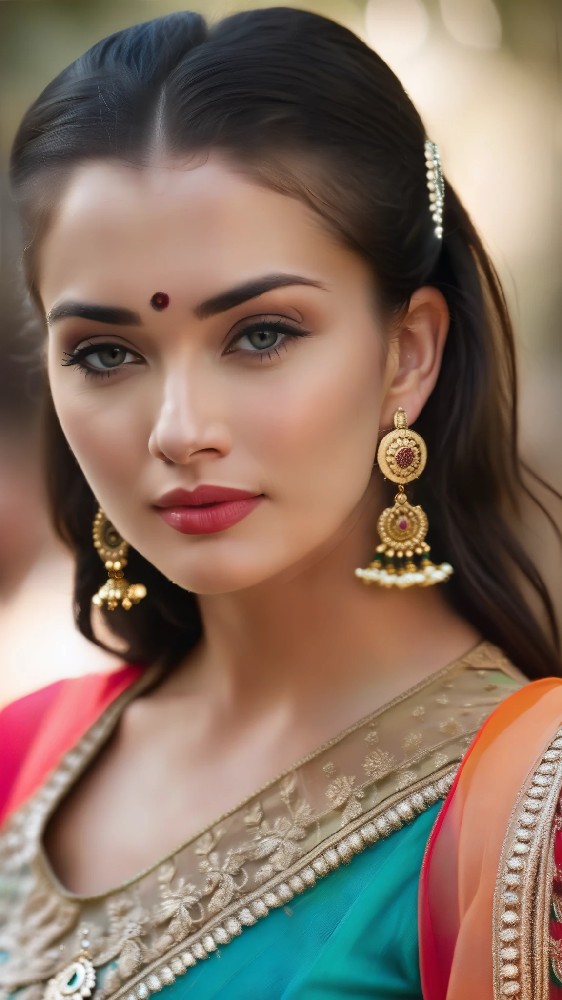 ultrarealistic soft focus photo of a 30-year-old woman, amy jackson, outdoors, high neck Long Anarkali Gown lace covering chest and cleavage, Side-eye of suspicion, Point-of-view shot camera angle, looking looking at camera, day time, beautiful bokeh 