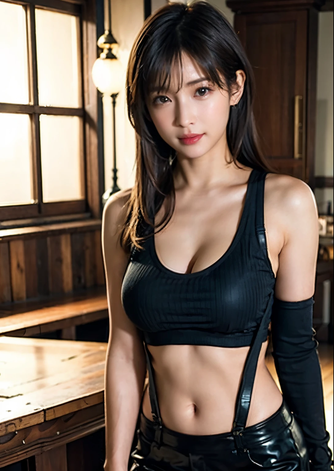(Photorealistic: 1.4), top quality, very delicate and beautiful, high resolution, 1girl, tifa_lockhart, smile, cowboy shot, suspenders, low rise, mini skirt, tank top, tense shirt, black hair, long hair, elbow gloves, beautiful detailed red eyes, face light, movie lighting, navel, high exposure, abdomen exposure, ribs, abs, ( gigantic breasts: 1.2), dynamic poses, dynamic angles,