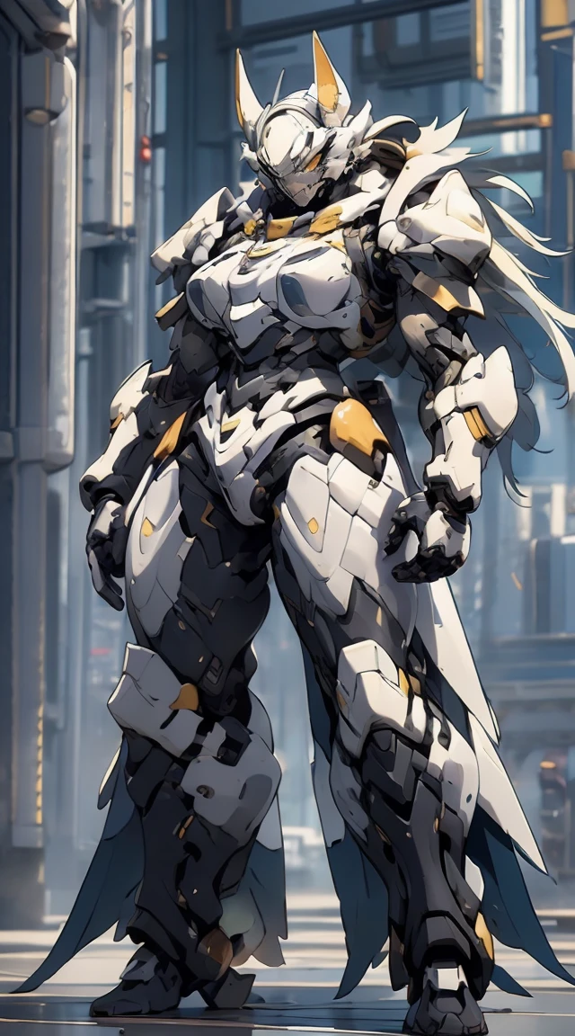 1 beast women wearing blue Mecha armor suit, White hair, very long hair,yellow eyes, wolf  ears, fangs and a body full of fur, naked, big breast, big cheast, big buttocks, full body, beast tail, erotic pose