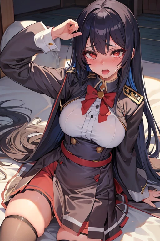 ​masterpiece, top-quality, Highly detailed, masutepiece, Girl 1 person, Lori, chiquita, Red Eyes, Happy expression, ((Dark blue hair)), half up long hair, ((Dark brown pantyhose that reach your waist)), Cute legs, (High neck body stockings that only cover the chest), (Pechapai), (Puffy nipple), ((shorts with creases)), cool half boots, simple black choker, (dark blue beret), ((jacket with sleeves rolled up)), brown long gloves,