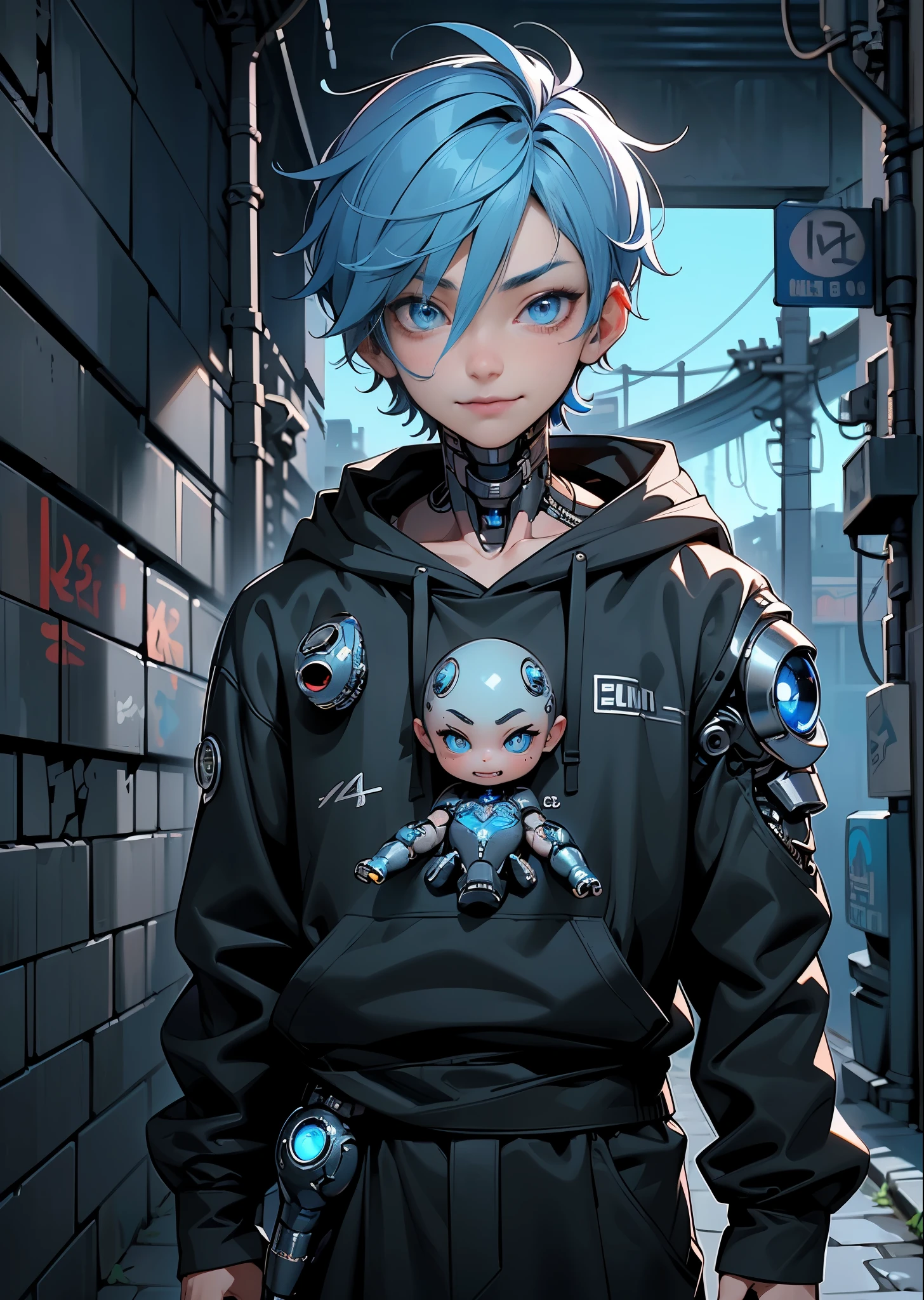 (La highest quality,High resolution,Super detailed,actual), Young man in a black hooded coat、One handsome boy、16 year old boy、Have big blue eyes、looking at me and smiling、Standing in a deserted alley、There's a cat sitting nearby、unreal engine:1.4,hd,La highest quality:1.4, realistic:1.4, skin texture:1.4, masterpiece:1.8,masterpiece, highest quality,(Beautifully detailed depiction of eyes.),( Neon Blue Cyborg),(perfect ???????),(finger details :1.4 ),( perfect ??????? 2.1), (Cute blue cyborg style :1.4), (Background Alley Wall Big Stone :1.4), (2050s)