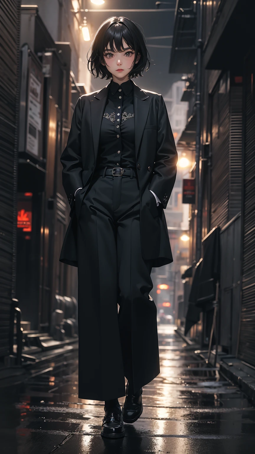 (Highly detailed CG unit 8k wallpaper, masterpiece, High resolution, highest quality, highest qualityのリアルテクスチャスキン), Fashion pose with hands in pockets:1.4, A cool NY fashion girl influenced by nostalgic and inorganic mode fashion., Nana Komatsu, Asymmetrical short hair, detailed costume, fine embroidery, Solid wide leg pants and jacket combination:1.3, blurred background, An empty alley in New York:1.2, hyper realistic, digital painting, concept art,