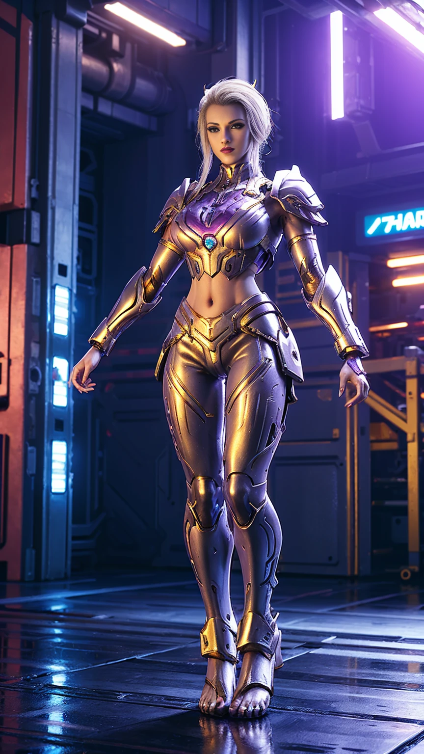 A WOMAN, BEAUTIFUL FACE, RGB, WHITE, GOLD, PURPLE, MECHA ARMOR FULL SUIT, TRANSPARANT, TALL LEGS, STANDING, BAREFOOT, MIDRIFF EXPOSED