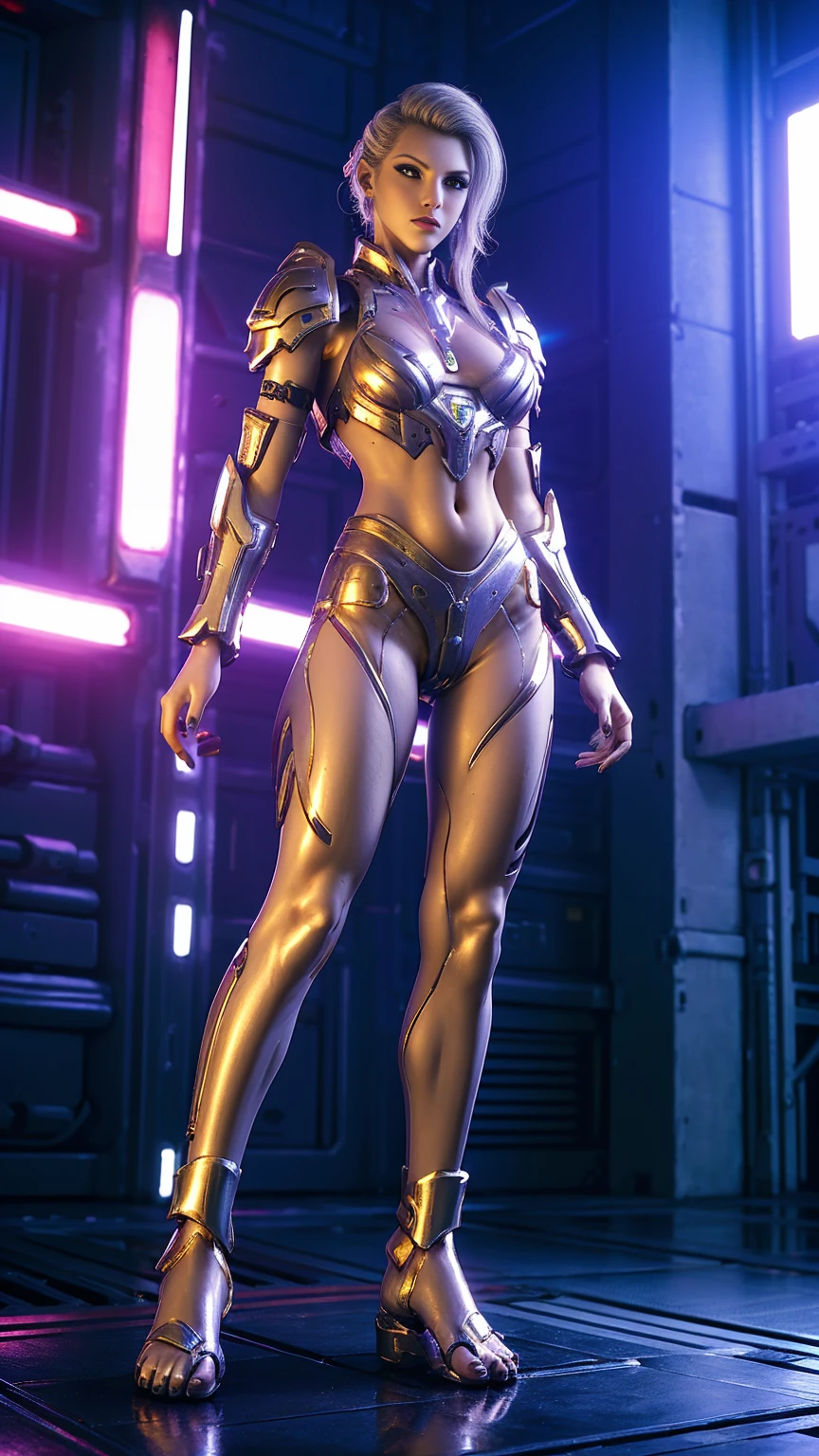 A WOMAN, BEAUTIFUL FACE, RGB, WHITE, GOLD, PURPLE, MECHA ARMOR FULL SUIT, TRANSPARANT, TALL LEGS, STANDING, BAREFOOT, MIDRIFF EXPOSED