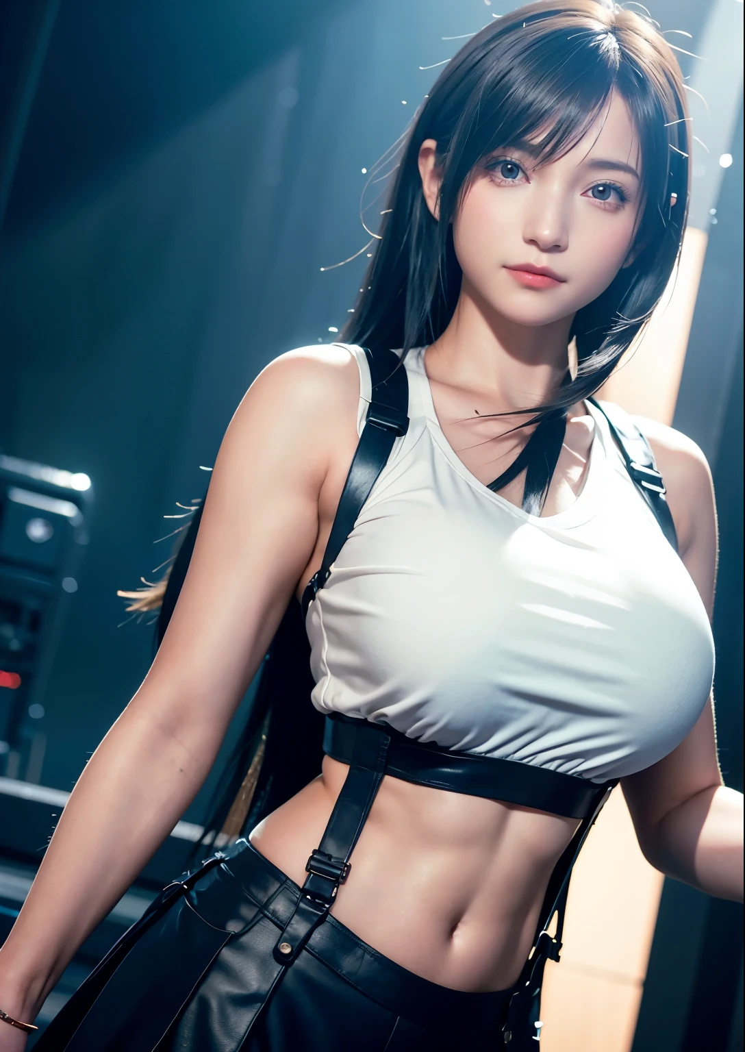 (Photorealistic: 1.4), top quality, very delicate and beautiful, high resolution, 1girl, tifa_lockhart, smile, cowboy shot, suspenders, low rise, mini skirt, tank top, tense shirt, black hair, long hair, elbow gloves, beautiful detailed red eyes, face light, movie lighting, navel, high exposure, abdomen exposure, ribs, abs, ( gigantic breasts: 1.2), dynamic poses, dynamic angles,