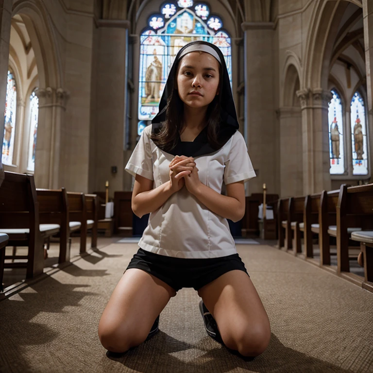dressed in very short sexy nun outfit kneeling praying in church
