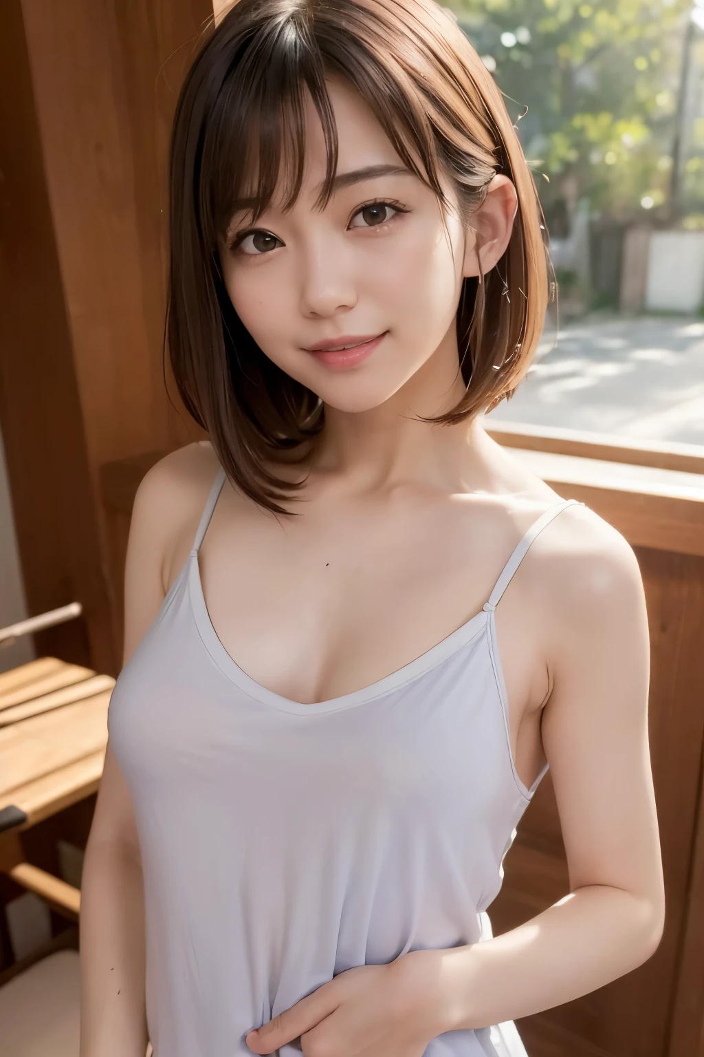 masterpiece、high resolution、((camisole:1.3)) 、(panties)、((small breasts 1:1.3))、((small breasts))、(A cup bust)、((small tits:1.3))、RAW photo、16K、(Bokeh:1.3)、
35 years old、Japanese、beautiful face、（bright smile：1.1）、juicy lips 、Super detailed、High resolution、one girl、Full body Esbian