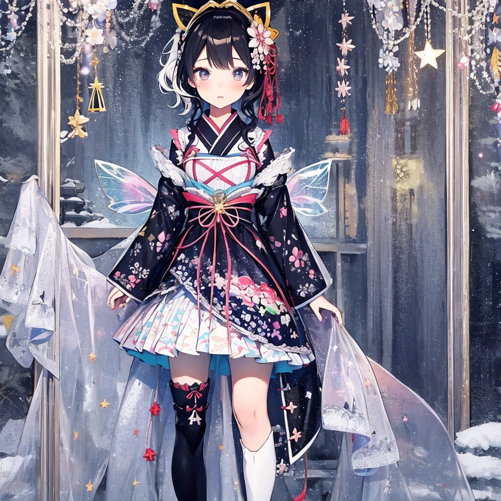 1girl、vtuber-fullbody、Star Fairy、masterpiece、official art、Super detailed、super beautiful、かわいいStar Fairy、white straight short hair、Milky Way、universe、star charm、star、、Knee-high boots、Japanese pattern dress、A beautiful girl wearing black and white clothes that are a remake of a yukata.、universeを思わせるOiranフリルドレス、Oiran、Box Pleats Mini、