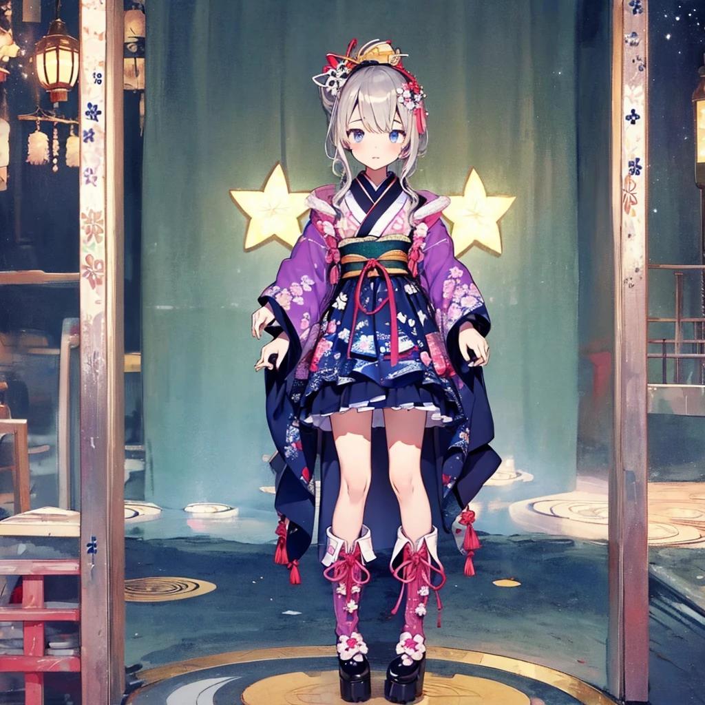 1girl、vtuber-fullbody、Star Fairy、masterpiece、official art、Super detailed、super beautiful、かわいいStar Fairy、white straight short hair、Milky Way、universe、star charm、star、baby face、Knee-high boots、Japanese pattern dress、A beautiful girl wearing black and white clothes that are a remake of a yukata.、universeを思わせるOiranフリルドレス、Oiran、Box Pleats Mini、