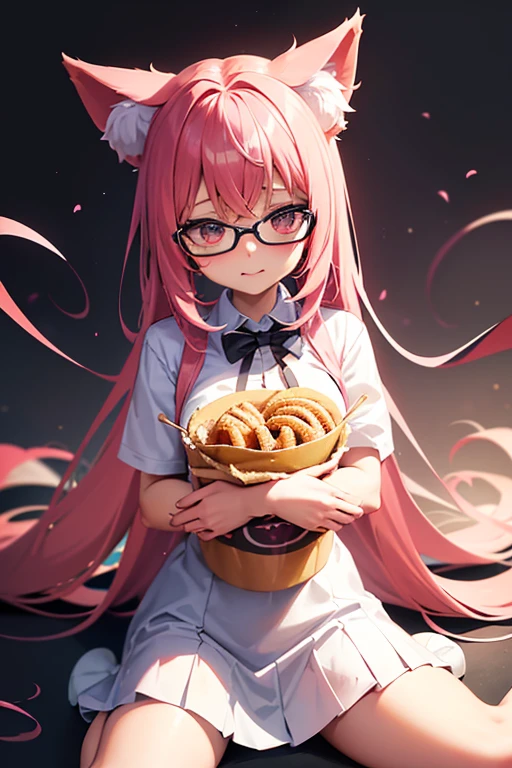 Holding a churro、Pink haired anime girl with glasses, Crisp, crisp RPG portraits, nyaruko-san, gapmoe yandere, Neferpitou, anime moe art style, cute realistic portrait, Portrait of a Girl, nekomimi, female protagonist 👀 :8, April rendering, anime girl with cat ears, Portrait Gap Moe Yandere Grim Dark