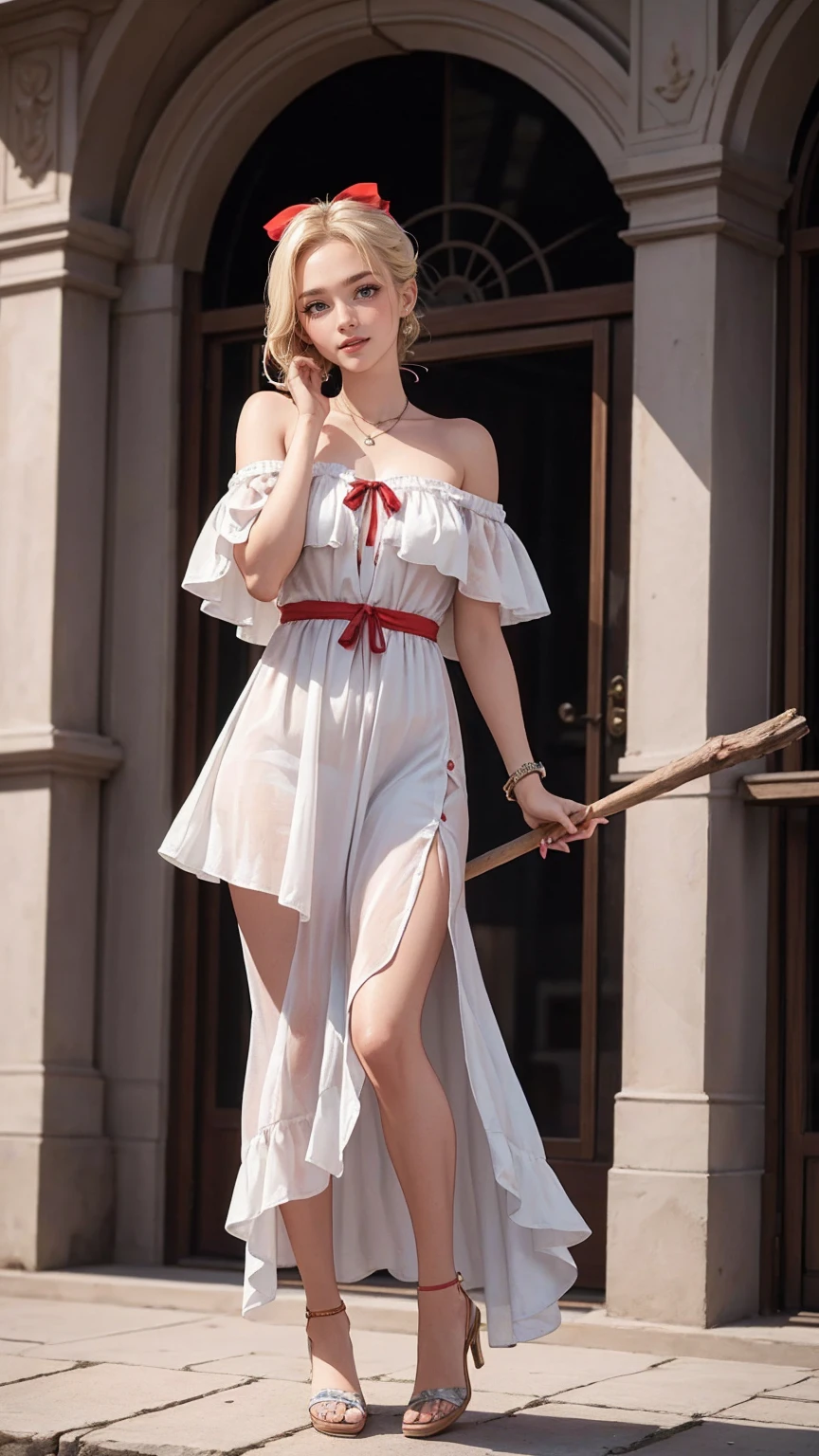 ((最high quality, 8K, masterpiece: 1.3, Ultra HD, high quality, 最high quality, High resolution, realism)) 、(high color saturation:1.0), (highly detailed skin), (最high quality:1.0), (超High resolution:1.0) ,(realistic:1.0), (Super detailed:1.0), (8K, Raw photo:1.1), slender、Slender, muscular body that&#39;s toned like an athlete&#39;s、I don&#39;t want my head to disappear from the screen.、Accessorize your wrist、Wearing red nail polish、I have a peticure、25 year old white woman、platinum blonde、blue eyes、hair above one eye、smile、Wear an off-shoulder dress、Wear high heels、Attend a party in a lavish palace、standing on the red carpet、stick out tongue((blush))、hair ribbon, colored inner hair, blonde hair, twin drills, 8k