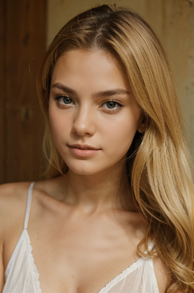 really beautiful 20 year old girl looking directly at the camera, blond hair, on a beach, in the bikinny
