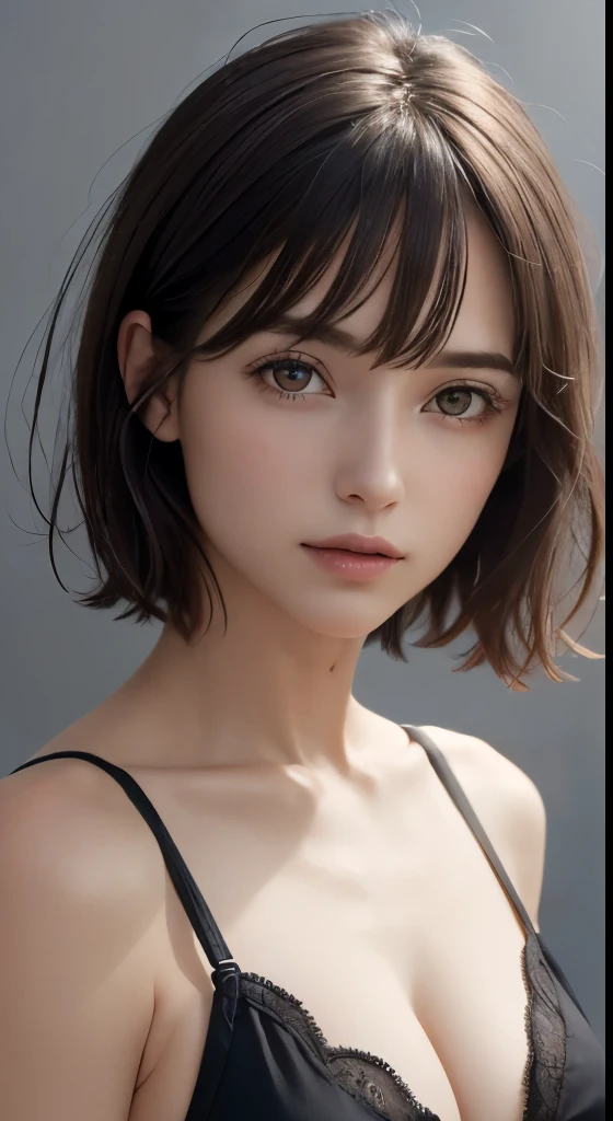 (masterpiece、Highest image quality、photorealistic、High resolution、photograph、:1.3)、Close-up、focus、focus、30 year old mature woman、small face、no makeup、fine beautiful eyes、bangs、dark brown hair、short cut hair、(realistic skin)、beautiful skin、charming、超High resolution、Super realistic、High definition、Camisa Branca Aberta、middle shake、small breasts、bust B cup、small breasts、cool beauty、gray background、
