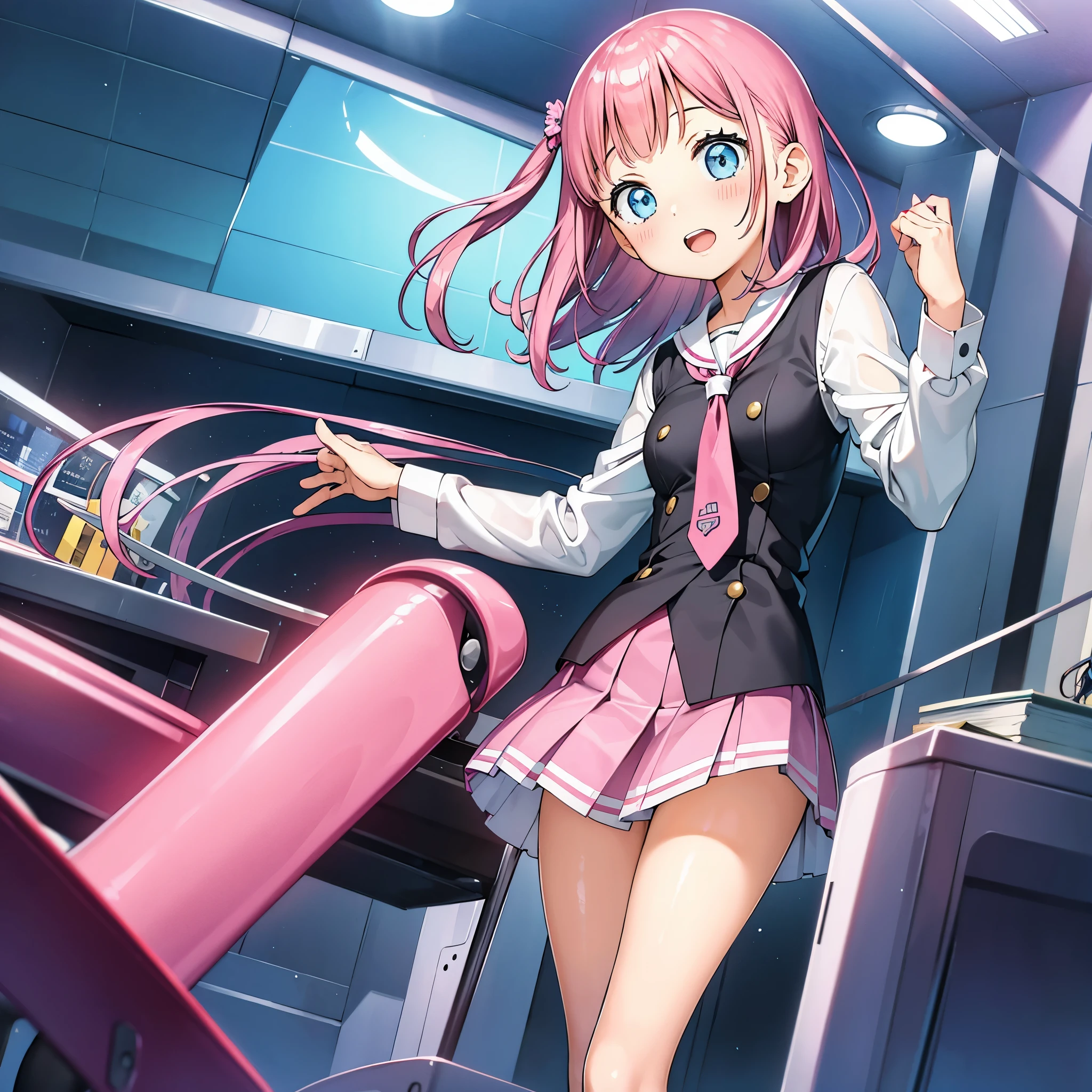 1 girl pink hair blue eyes school outfit with short skirt with stockings in school classroom high quality 2k