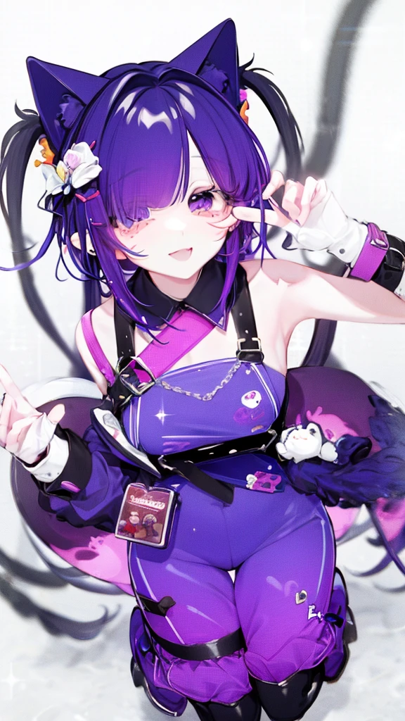 purple hair girl,medium hair,Harness,pants,simple background,smile,whole body,full body,full body,Standing picture,vtuber,front,from front,Viewer&#39;s perspective,視線をfrontに,