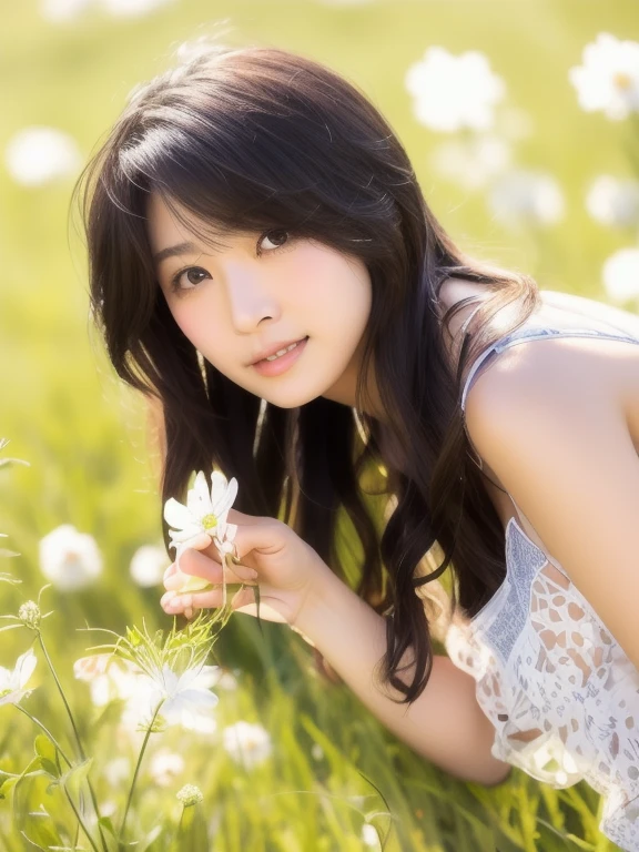 Sheer white camisole, beautiful japanese woman face, in a grassy field, 4kimage quality、looking at the camera、cute smile、medium long hair、hair fluttering in the wind、A bra that is slightly visible from the chest、4kimage quality、gravure、High definition、looking at the camera、Carefully and flawlessly display fingertips