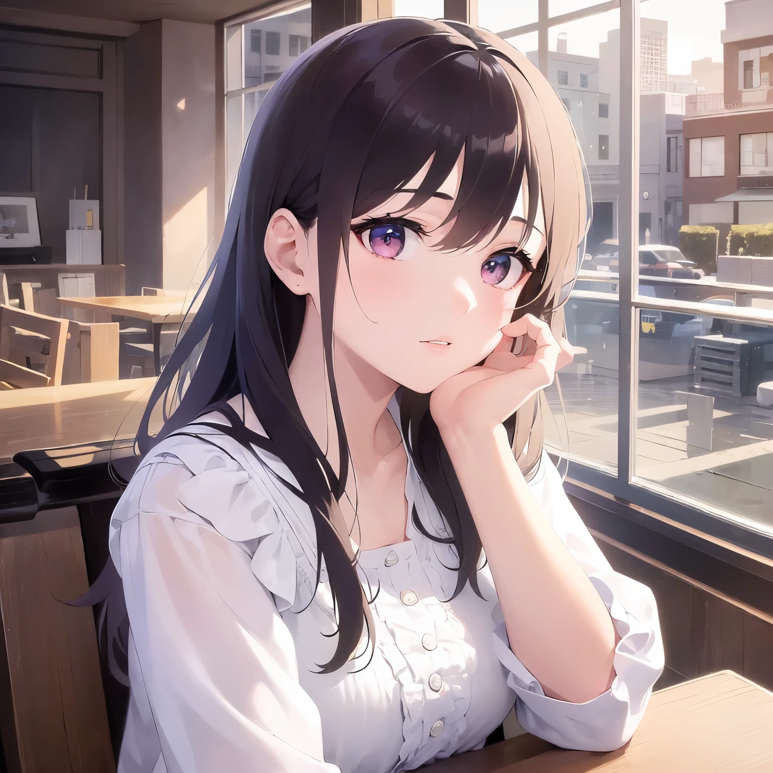 (looking away:1.5) Upper Body, Realistic, real person, RAW photo, photorealistic, portrait photography, shiny skin, japanese idol、(A 25-year-old woman with light chestnut-colored bangs) and (medium hair) and (pink eyes), (white ruffle plane blouse:1.2)、No expression, The background is a restaurant、sitting、Alone、Staring,
