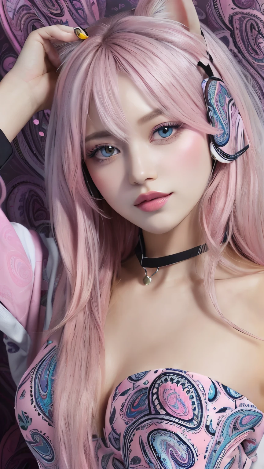 masterpiece, highest quality, 4K, Photorealistic, bokeh, enlightenment,1 perfect portrait of a girl, (A fascinating eye for perfect detail:1.2), colorful hair, (gradient hair), (Deep Pink soft long hair:1.6), (Cat ear:1.2), fantasy background, (exposed bare shoulders), (long-term alienation sleeve), (lean forward a little), head tilt, movie lighting, oversized clothes, (seductive pose:1.4), (Deep Pink paisley pattern background:1.6), beautiful lite blue eyes, close up,