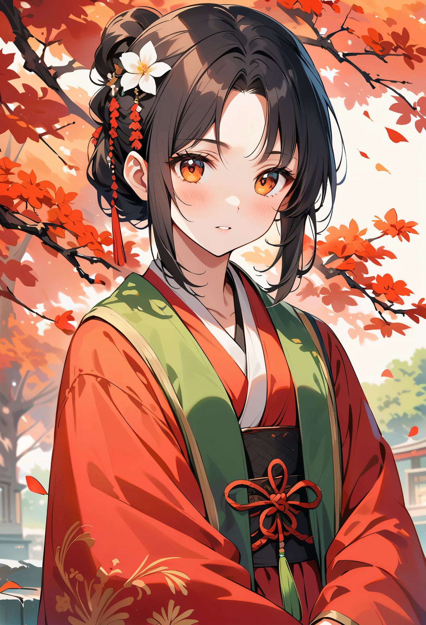 Chinese beauty in a Hanfu style dress, with long black hair and a white flower in the traditional Chinese hairstyle. Red and green with full body photo taken outdoors with a background of Chinese trees and red leaves. The photography shows high definition details in portrait mode.