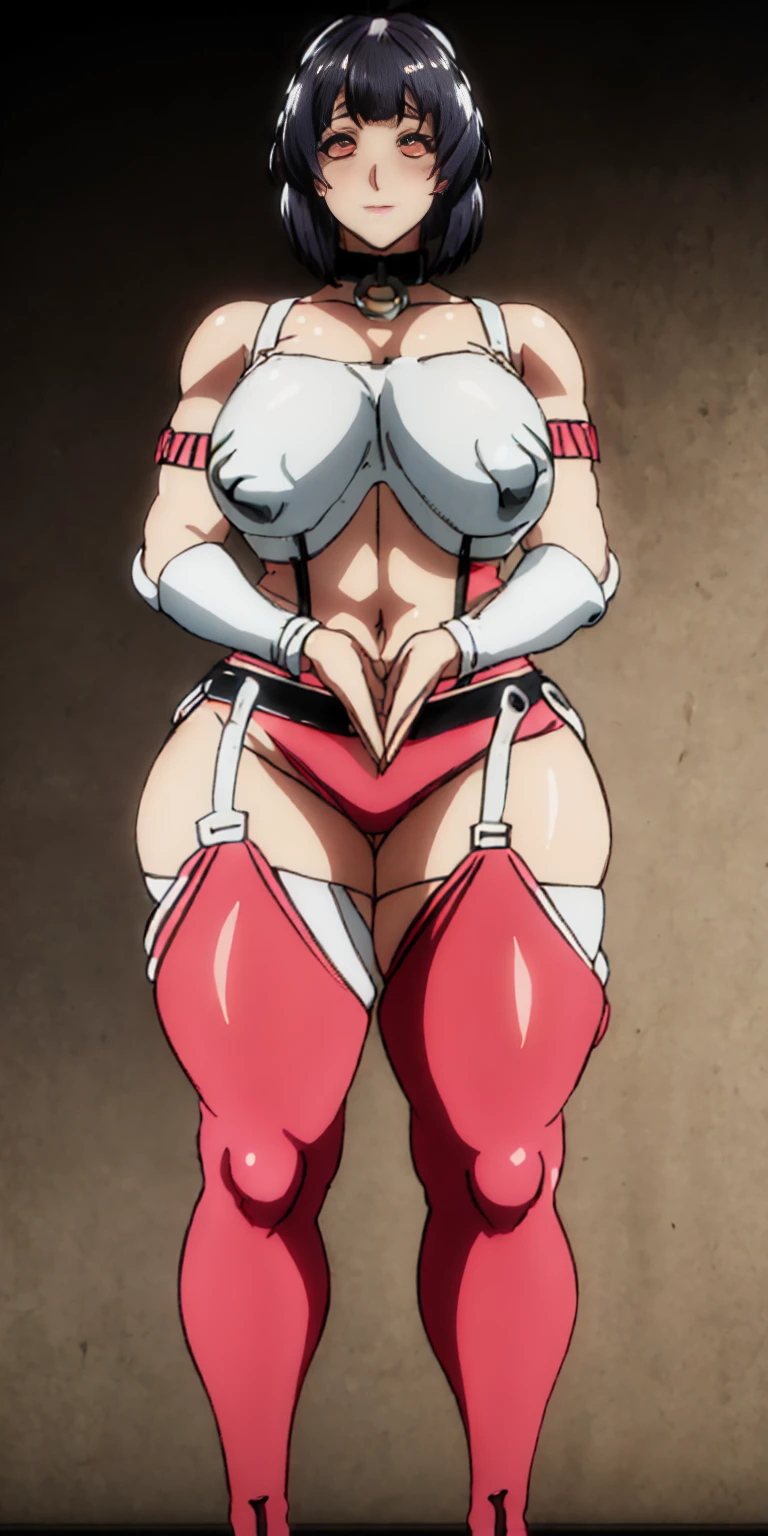 Masterpiece, (flat black background:1.2) solo, detailed face, intricate iris, realistic illustration (looking at viewer:1.2),parted lips, standing straight symmetrical, looking at viewer, lustful smirking smile face red blushed red cheeks, thick thighs, thighhighs, thigh, boots, armor, armored boots, full body armor, bikini armor, big breastplate, pauldron, bracers, leather black choker, tiger claws gloves, short bob white haircut, helmeted, metal shoulders, red long loincloth, longest blue cape reach to the waist, shackles and chains wristbands