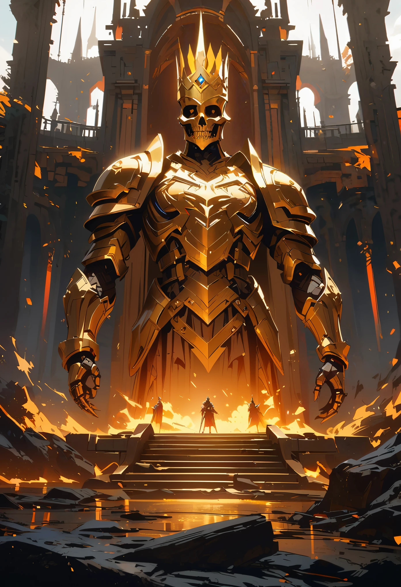 A golden skeleton king with a crown wearing armor stands in the middle of an ancient castle, surrounded by other skeletons. The rendering is in the style of Unreal Engine with a symmetrical composition, high resolution, high detail, high quality, high definition, high contrast, and high saturation. It is a 3D rendering.