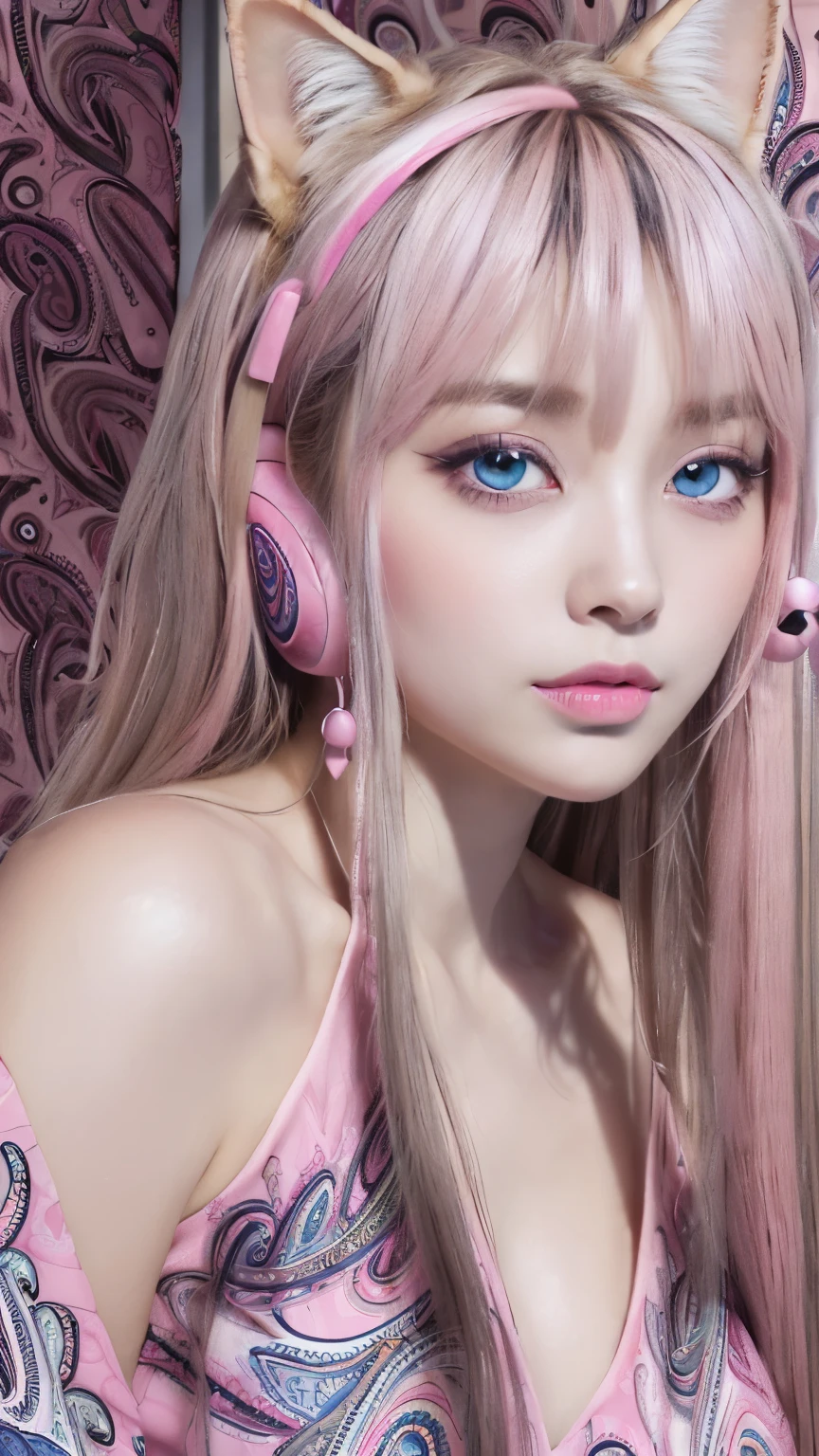 masterpiece, highest quality, 4K, Photorealistic, bokeh, enlightenment,1 perfect portrait of a girl, (A fascinating eye for perfect detail:1.2), colorful hair, (gradient hair), (Deep Pink soft long hair:1.6), (Cat ear:1.2), fantasy background, (exposed bare shoulders), (long-term alienation sleeve), (lean forward a little), head tilt, movie lighting, oversized clothes, (seductive pose:1.4), (Deep Pink paisley pattern background:1.6), beautiful lite blue eyes, close up,