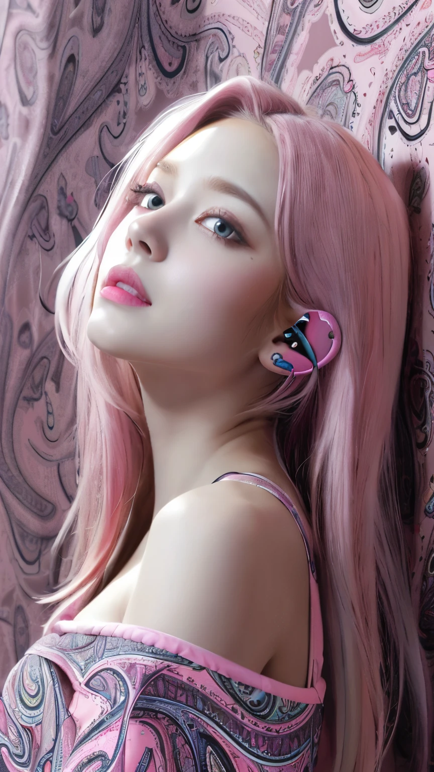 masterpiece, highest quality, 4K, Photorealistic, bokeh, enlightenment,1 perfect portrait of a girl, (A fascinating eye for perfect detail:1.2), colorful hair, (gradient hair), (Deep Pink soft long hair:1.6), (Cat ear:1.2), fantasy background, (exposed bare shoulders), (long-term alienation sleeve), (lean forward a little), head tilt, movie lighting, oversized clothes, (seductive pose:1.4), (Deep Pink paisley pattern background:1.6), beautiful lite blue eyes, close up,