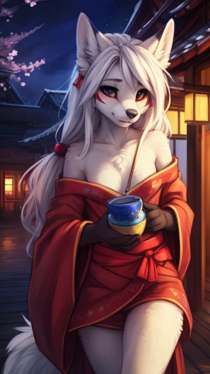 by kenket, Ross Tran, ruan jia, zaush, foxovh, by Zackary911, by hyattlen, by teranen, by fumiko, by Pixelsketcher, by fluff-kevlar, bye r-mk, by Dimwitdog, Furry, Anthro, (oiran), prostitute, (luxurious off-shoulder kimono), female white fox with red markings, kemono, (small breasts), long (elegant) white hair, young girl, cute, revealing outfit, innocent expression, alluring eyes, looking at viewer, red markings on body, white fur, traditional japanese, magic fantasy, slender, (young) outdoors, cherry blossoms, nighttime, tugging on own clothes,