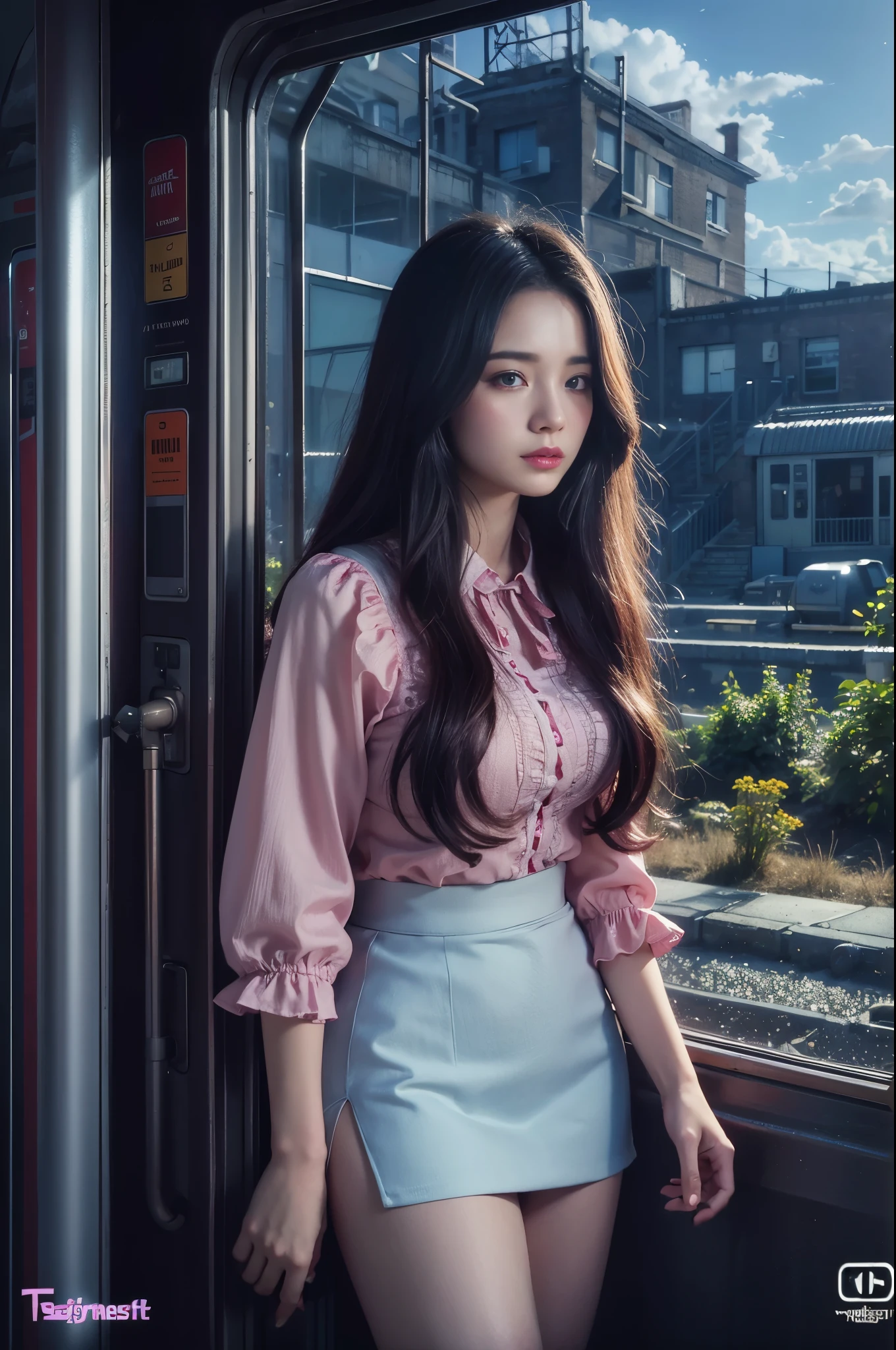 magenta tint、vibrant with colors、((tmasterpiece)))、(((quality)))、((ultra - detailed))、(Surreal)、(Very detailed CG illustration)、offcial art、CD cover、It will be、midsummer、The glorious 1980s、1 Sister,ssmile、cochetti gorgeous、incomparable beauty、long whitr hair,short blouse,Superskirt、perfect angle、Perfectcomposition、corner store,(evening,trains station,trains,Cloud),