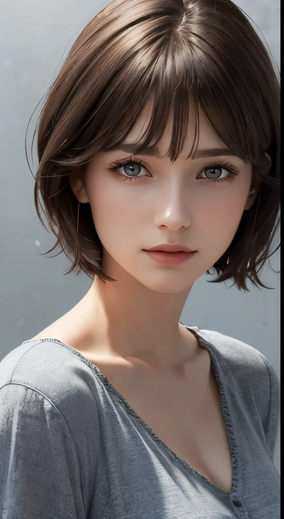 (masterpiece、Highest image quality、photorealistic、High resolution、photograph、:1.3)、Close-up、focus、focus、30 year old mature woman、small face、no makeup、fine beautiful eyes、bangs、dark brown hair、short cut hair、(realistic skin)、beautiful skin、charming、超High resolution、Super realistic、High definition、Camisa Branca Aberta、middle shake、small breasts、bust B cup、small breasts、cool beauty、gray background、
