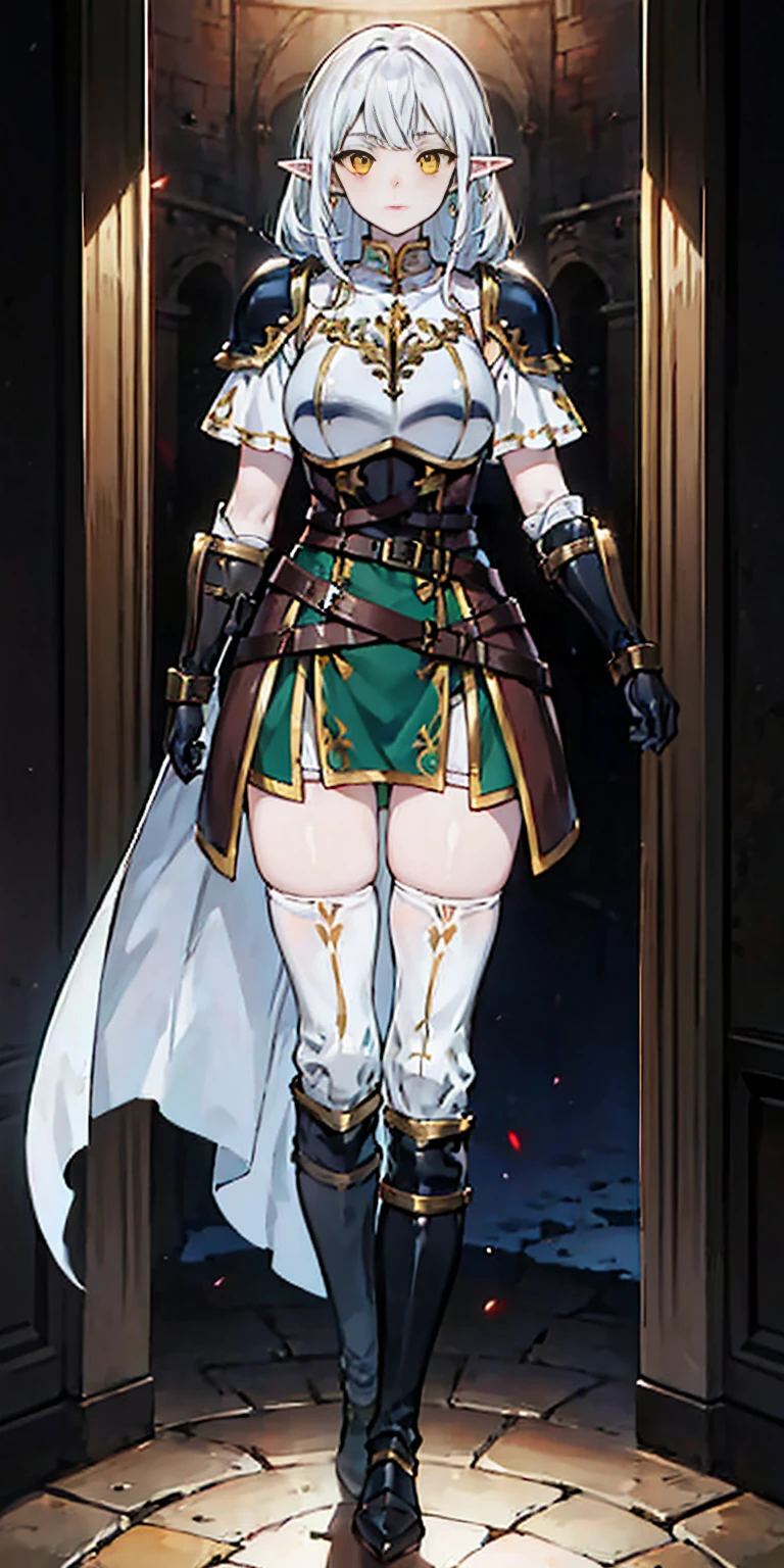 masterpiece, best quality, high quality, 1solo white SKIN elf, long hair, white hair, yellow eyes, full body, breastplate, looking at viewer, shiny, armor, thigh highs, high boots, shoulder armor, faulds, poleyn, gloves, gauntlets