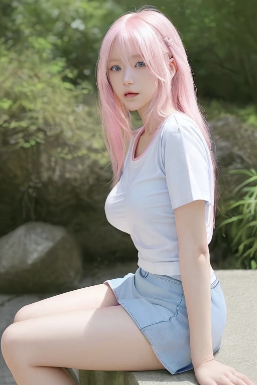she is 25 years old, Has long pink hair, Light pink lips and blue eyes, her肌は薄いピンク色です. A short white T-shirt、She is wearing a short light blue miniskirt that shows off her round buttocks.。. She is sitting、cameraはher後ろにあり、Hair covering part of face、片方の目と唇だけを見せてcameraを見ています。her大きなお尻が見えます。, herお尻はher前で最も美しいものです. her. camera,  are important.big breasts
