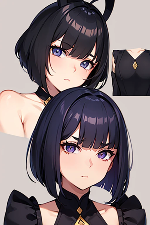 The girl wears her hair in a bob cut, cut at the jawline. Her hair is dark purple and her fringes are parted just in the middle of her forehead, barely peeking over her eyebrows. Other short hair frames the face on either side of the fringe, reaching just above the eyes, and the hair on the sides is clipped above the ears. The hair on top has slight volume and forms an overall rounded silhouette. The texture of the hair is smooth, shiny and lively. The ends of the hair are lightly styled inwards, adding a feminine touch.