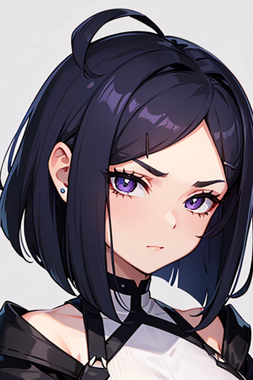 The girl wears her hair in a bob cut, cut at the jawline. Her hair is dark purple and her fringes are parted just in the middle of her forehead, barely peeking over her eyebrows. Other short hair frames the face on either side of the fringe, reaching just above the eyes, and the hair on the sides is clipped above the ears. The hair on top has slight volume and forms an overall rounded silhouette. The texture of the hair is smooth, shiny and lively. The ends of the hair are lightly styled inwards, adding a feminine touch.