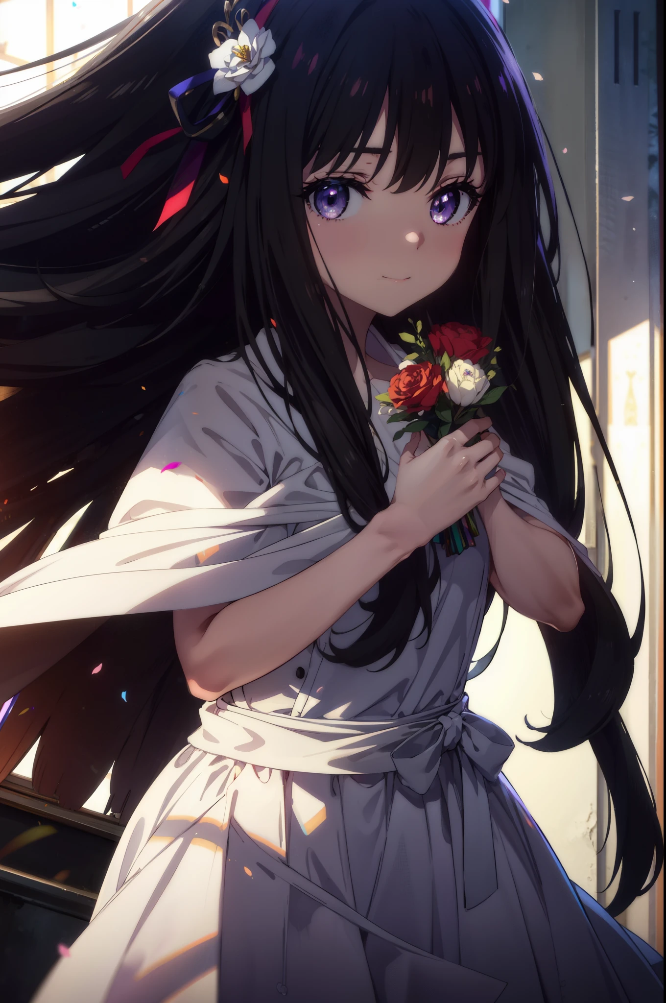 Takiuchi Kame, check it out, long hair, bangs, black hair, (purple eyes:1.2),
blush,smile, Wedding dress,veil wedding skirt,bouquet,bouquetトス,holding a large bouquet of flowers in both hands, 
break indoors, church,チャペル
break looking at viewer, (cowboy shot:1.5),
break (masterpiece:1.2), highest quality, High resolution, unity 8k wallpaper, (figure:0.8), (detailed and beautiful eyes:1.6), highly detailed face, perfect lighting, Very detailed CG, (perfect hands, perfect anatomy),